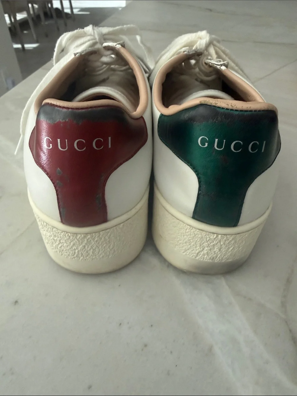 Gucci White Leather Sneakers with Green and Red Web